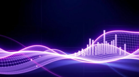 abstract wave background with purple glowing lines and bokeh effect