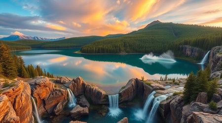 Mountain lake at sunset, Alberta, Canadaの写真素材