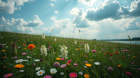 Beautiful meadow with wildflowers and blue sky with cloudsの写真素材
