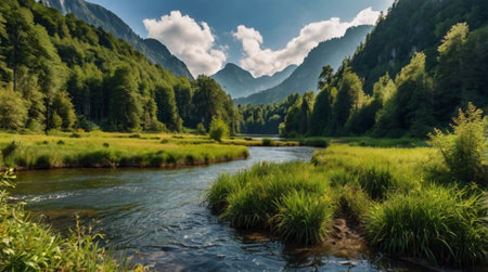 Panoramic view of a mountain river in the Austrian Alps.の写真素材