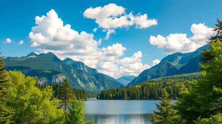 Panoramic view of the mountain lake. Beautiful summer landscape.の写真素材