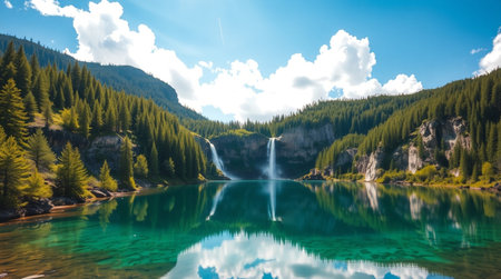 Beautiful mountain lake with crystal clear water and blue sky with cloudsの写真素材