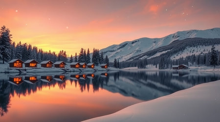 Fantastic winter landscape with snowy mountains and lake at sunset.の写真素材