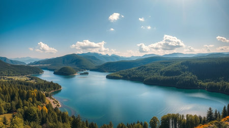 Panoramic view of the lake in the mountains. Summer landscape.