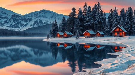Fantastic winter landscape with snow-capped mountains and wooden houses on the lake. Dramatic wintry...