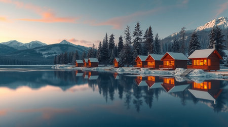 Beautiful winter landscape with wooden houses on the shore of lake.の写真素材