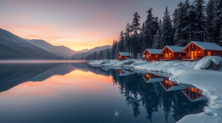 Beautiful winter landscape with mountain lake and red wooden houses at sunrise