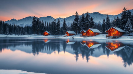 Fantastic winter landscape with snow covered alpine lake. Dramatic overcast sky.