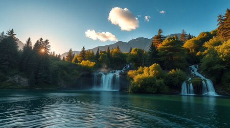 Waterfall in the mountains at sunset. Panoramic view.の写真素材