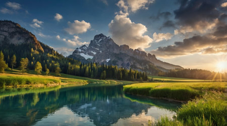 Panoramic view of alpine lake in Dolomites, Italy