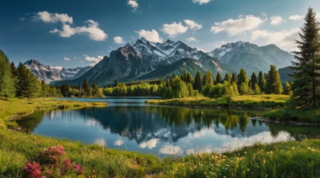 panoramic view of alpine lake with reflection of mountains and cloudsの写真素材