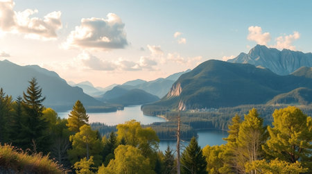 Panoramic view of the lake and mountains in the Altai Republic