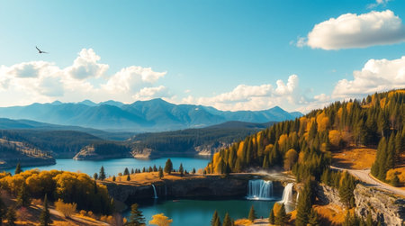 Panoramic aerial view of a beautiful alpine lake surrounded by coniferous forest and mountains in...