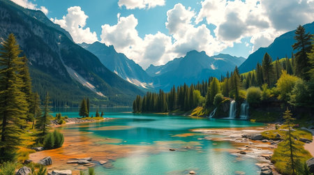 Panoramic view of turquoise lake in the mountains.