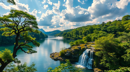 Beautiful summer landscape with a waterfall in the forest and lake.の写真素材