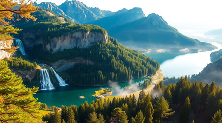 Beautiful alpine lake with waterfall in the mountains at sunrise.