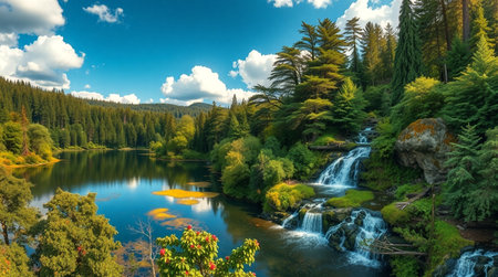 Panoramic view of a beautiful mountain lake in the mountains.の写真素材