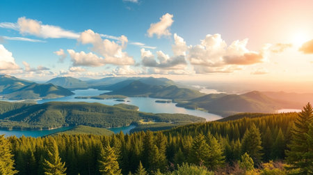 Beautiful panoramic view of the lake and mountains at sunsetの写真素材