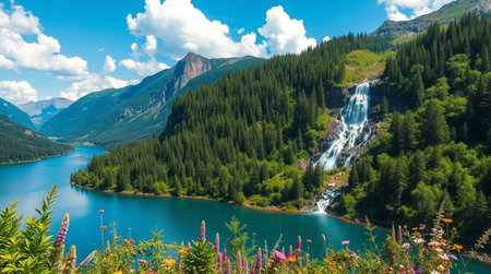 Mountain lake with waterfall and coniferous forest in summer.の写真素材
