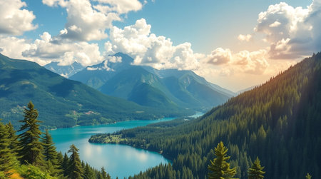 Panoramic view of beautiful mountain lake in the mountains at sunsetの写真素材