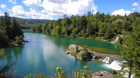 Landscape with a lake in the mountainsの写真素材
