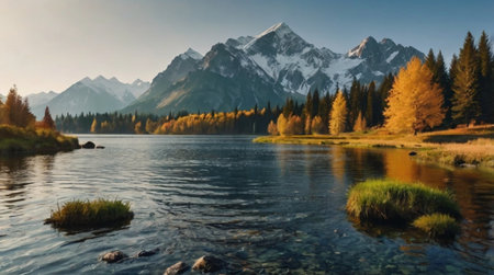 panoramic view of alpine lake and mountains in autumn, Bavaria, Germanyの写真素材