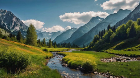 Panoramic view of the mountain river in the valley. Beautiful summer landscape.の写真素材