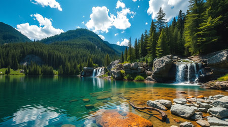 Beautiful mountain lake with clear water and blue sky with white cloudsの写真素材