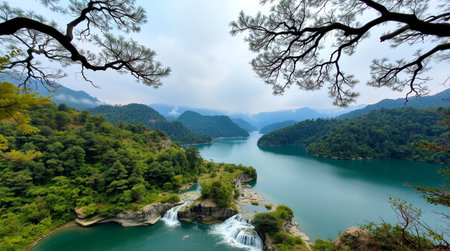 Landscape view of a beautiful lake with a waterfall in the backgroundの写真素材