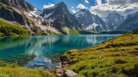 Panoramic view of beautiful mountain lake in the Swiss Alps.の写真素材
