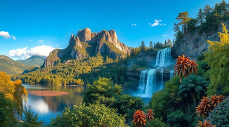 Panoramic view of the waterfall and the mountains on the background.の写真素材