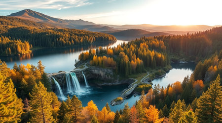 Panoramic view of the lake and mountains at sunset in autumnの写真素材