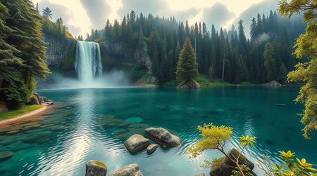 Beautiful waterfall in the mountains with blue water. Mountain landscape.の写真素材