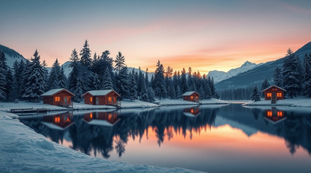 Mountain lake at sunsetの写真素材