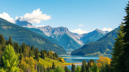 Panoramic view of beautiful alpine lake with mountains in background