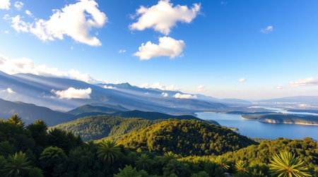 Panoramic view of the lake, mountains and clouds on the blue skyの写真素材