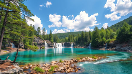 Panoramic view of waterfall in the Altai mountains, Russia