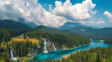 Panoramic view of the turquoise lake in the mountains.の写真素材
