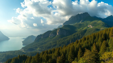 Panoramic view of Lake Lucerne and mountains in the background, Switzerland