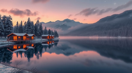 Fantastic winter landscape. Wooden house on the lake at sunset.の写真素材