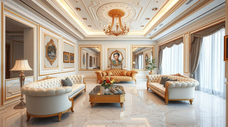 Luxury living room interior in classic style. 3d render
