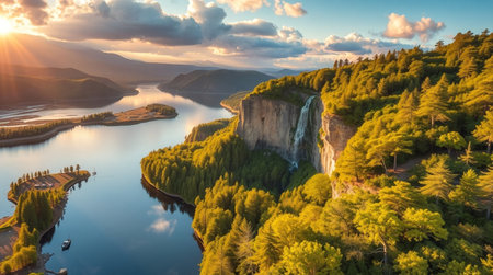 Aerial view of beautiful lake and waterfall at sunset. Nature composition.の写真素材
