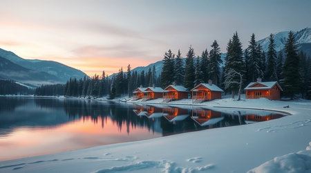 Sunset at lake in High Tatras, Slovakiaの写真素材