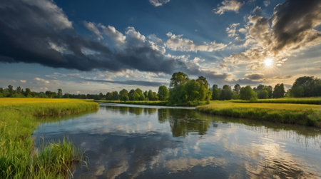 Panoramic view of a small river in the countryside at sunset.の写真素材