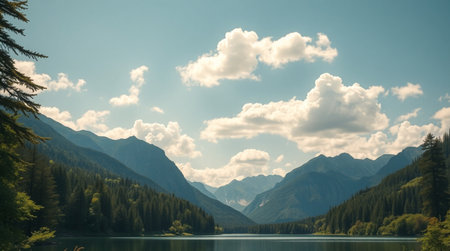 Beautiful landscape with mountains and lake. Panoramic view.の写真素材
