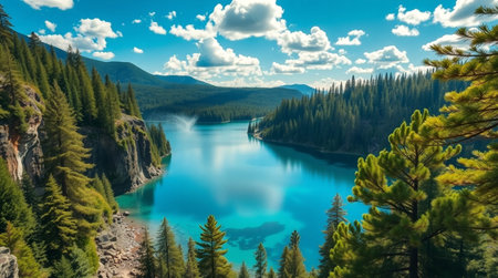 Beautiful panoramic view of turquoise lake in the mountainsの写真素材