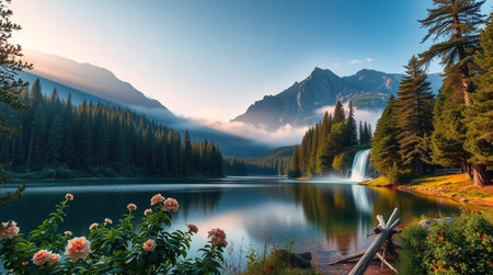 Mountain lake in the morning. Beautiful summer landscape. The concept of active and photo tourismの写真素材