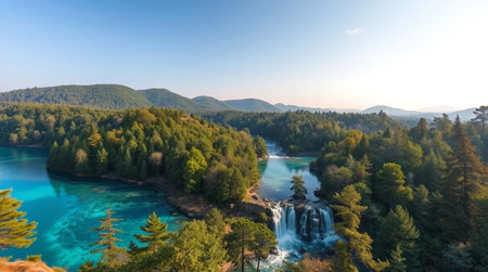 Panoramic view of a beautiful turquoise lake in mountainsの写真素材
