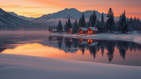 Beautiful winter landscape with lake and mountains in the background at sunsetの写真素材