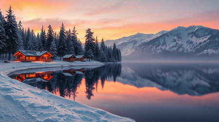 Fantastic winter landscape with snow covered trees and lake at sunset